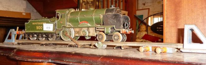 Hornby tinplate 'O' gauge 4-4-0 Eton locomotive with short section of track, tender and buffer (A/