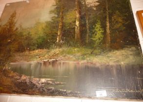1960's oil on canvas of trees by a lake, signed