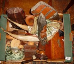 Tribal Art: Quantity of carved African tribal wooden items, cigar humidor, etc.