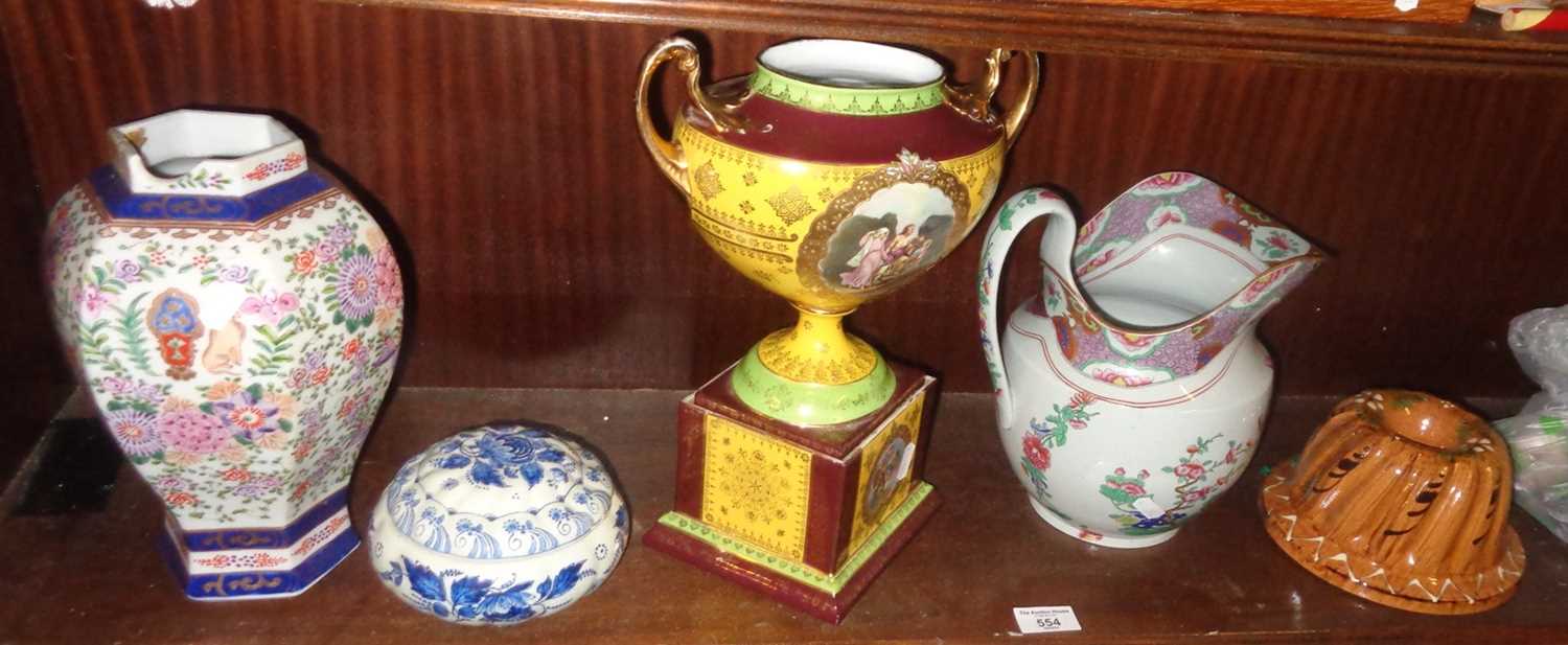 Large continental china vase on plinth, a Spode stone china water jug, a decorated earthenware jelly