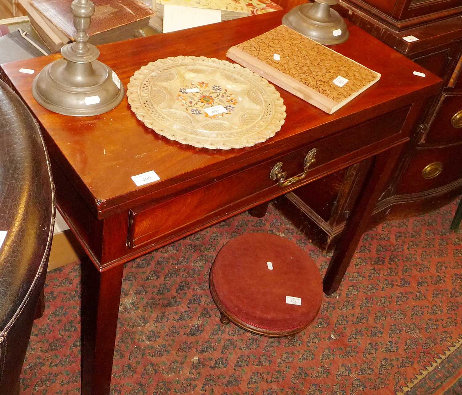 Edwardian mahogany foldover tea table with drawer