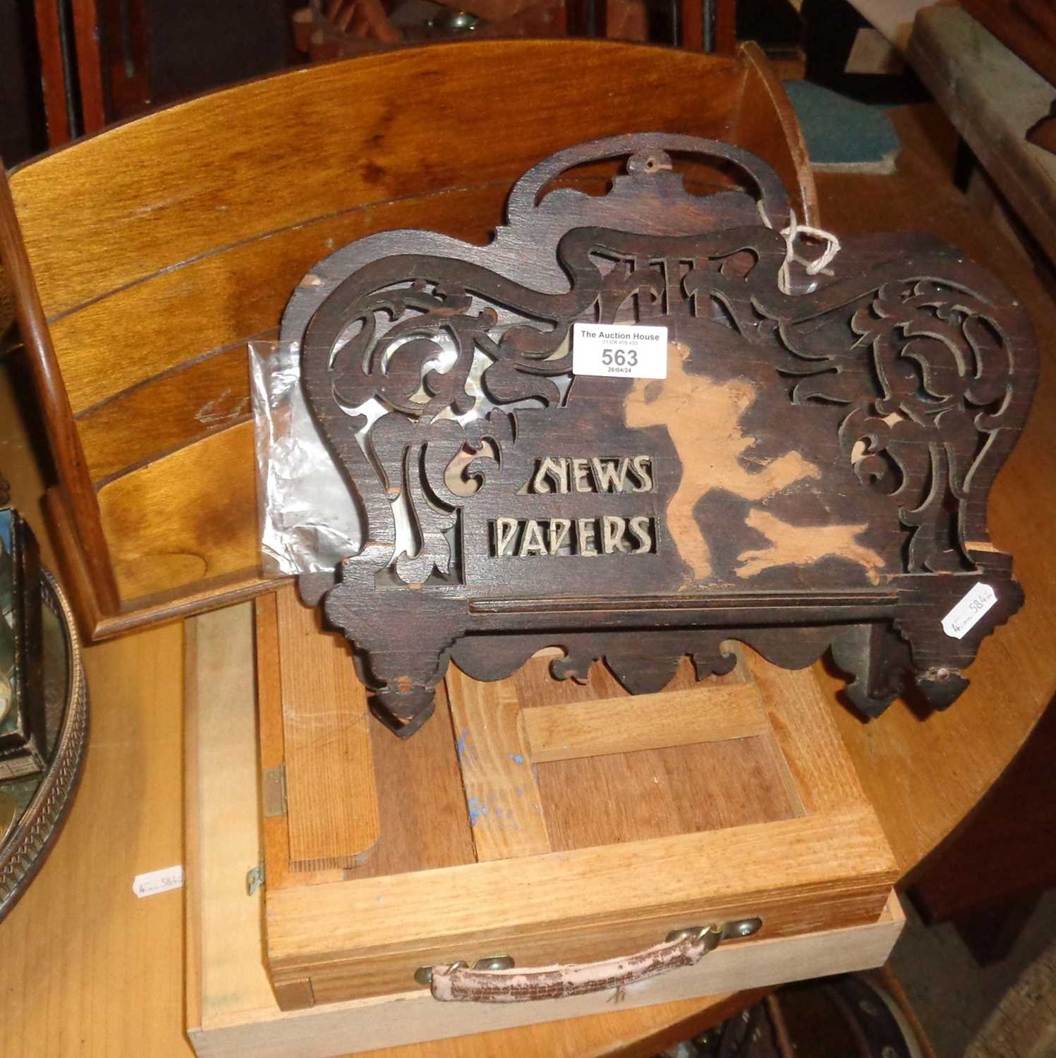 Fretwork newspaper rack, letter rack and two artist's wooden boxes