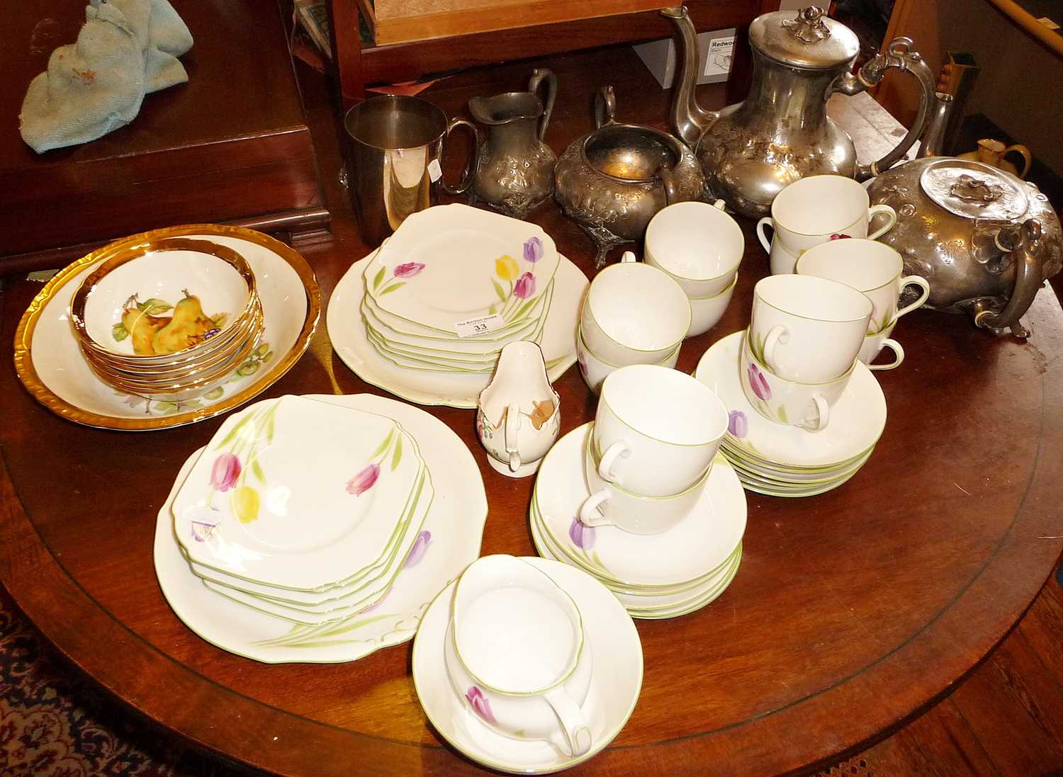 Czechosovakian Art Deco china tea set, Victorian silver plated tea set, etc.