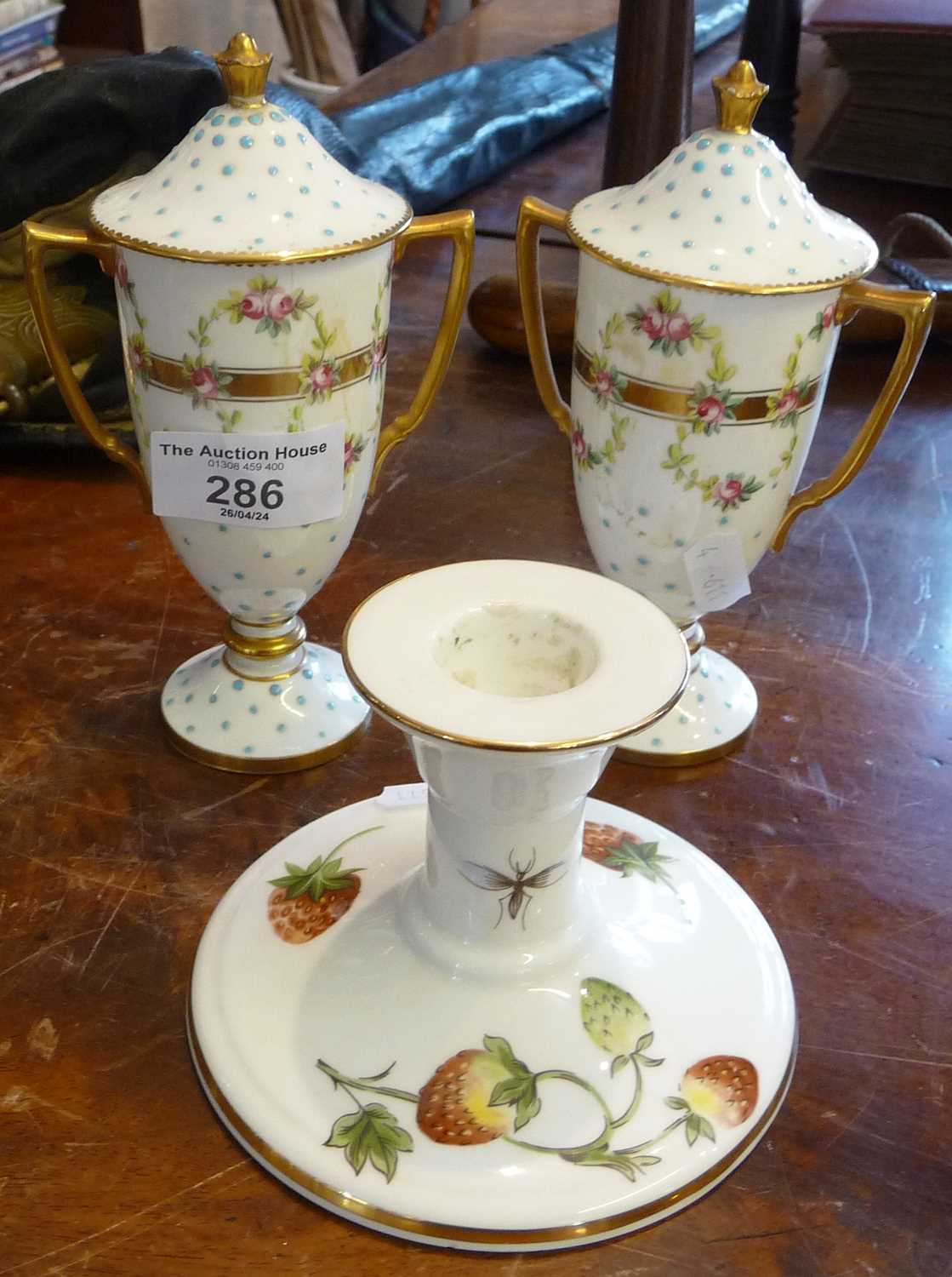 Pair Mintons china urn shaped vases with covers, 5.5" high and a pair of Coalport china