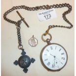 Pocket watch (case marked as 'fine silver'), albert chain (35cm) each link stamped with the lion