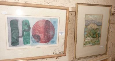 Coloured etching titled 'Cosmos II' signed lower right Campbell and a watercolour of a Hill