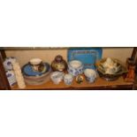 Blue and white china, resin buddha, plates, etc. (one shelf)