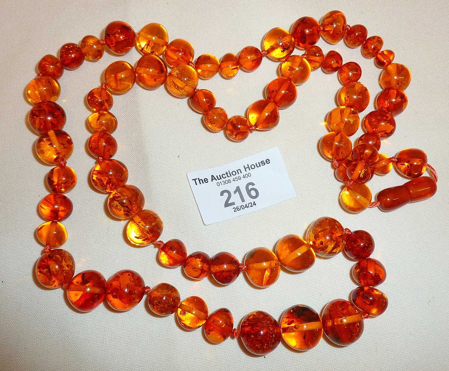 Amber bead necklace, approx 32" long