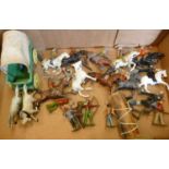 Cowboys and Indians diecast Britains and other figures, Timpo covered wagon, etc.