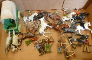 Cowboys and Indians diecast Britains and other figures, Timpo covered wagon, etc.