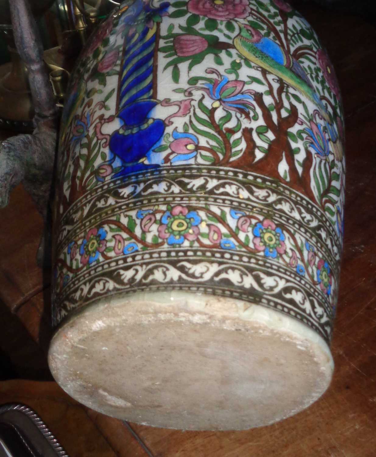 A large Persian Qajar vase polychrome floral pattern baluster, the handles fashioned as recumbent - Image 7 of 7