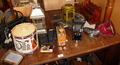 Four various cameras, plastic drum ice bucket, a metal lantern, etc.