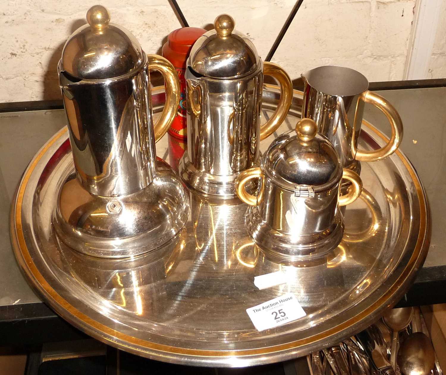 Vintage designer stainless steel Inoxpran 18/10 Orchidea coffee set, with tray and perculator,