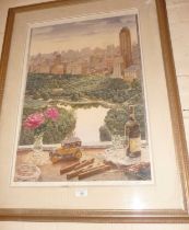 Large colour litho (16/200) of an arial panoramic view of Central Park, New York, signed in