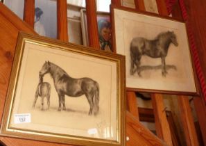 Pair of black chalk studies of horses, monogram HK and dated 1953, 10" x 12" including frame