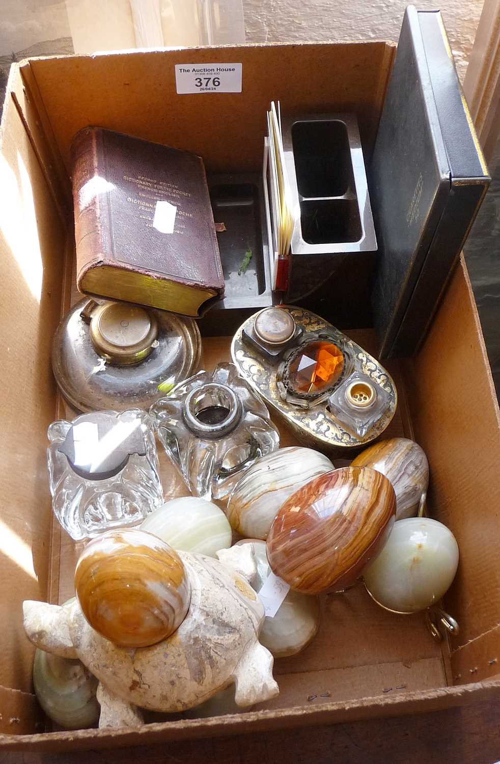 Box of assorted items, inc. inkwells and marble eggs