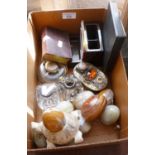 Box of assorted items, inc. inkwells and marble eggs