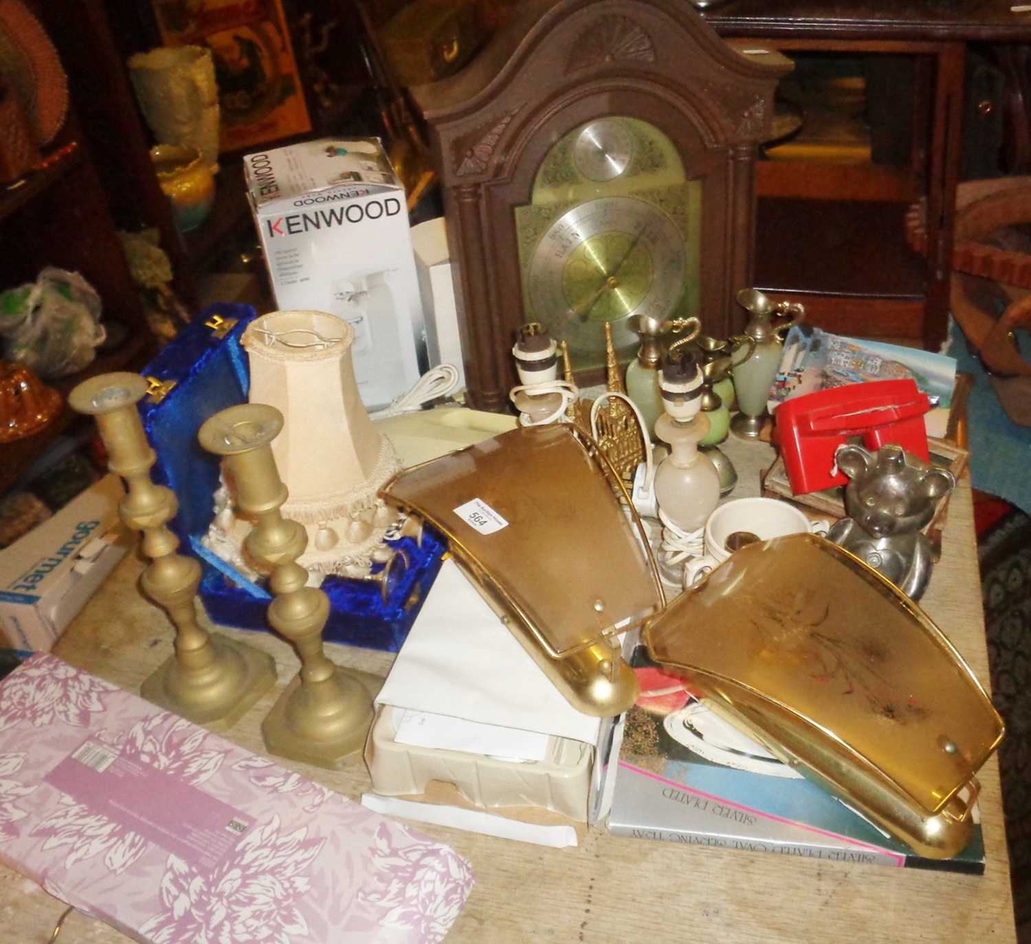Miscellaneous items, inc. barometer, brass candlesticks, wall lights, etc.