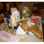 Miscellaneous items, inc. barometer, brass candlesticks, wall lights, etc.