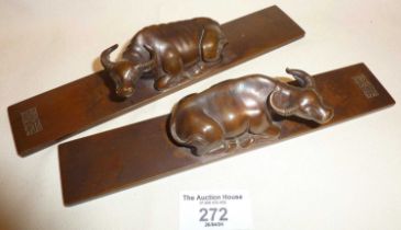 Pair of Chinese bronze water buffalo scroll weights. Republic period. Approx. 21cm long