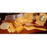 Art Deco celluloid vanity items for dressing table, inc. a clock, photo frame with integral manicure