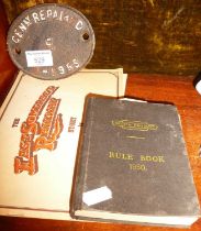 British Railways rule book, cast iron wagon plate and some David Shepherd booklets relating to the