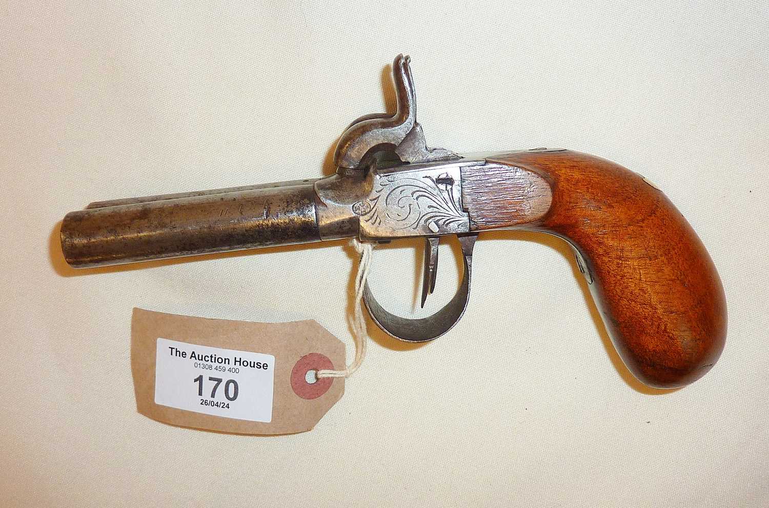 19th c. double barrelled percussion pistol, approx. 18.5cm long