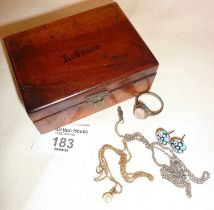 9ct gold chain with pearl pendant and other jewellery in old box marked Lebanon