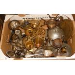 Box of old metalware, brass copper and silver plate, inc. cutlery, trivets, candle holders, etc.