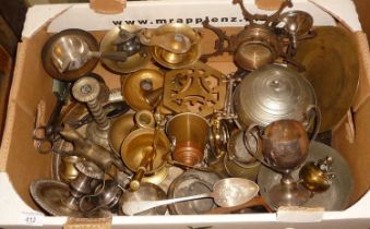 Box of old metalware, brass copper and silver plate, inc. cutlery, trivets, candle holders, etc.