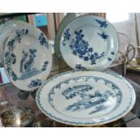 19th c. Dutch Delft plate in the Chinese style, 30cm diameter, restoration to rim, and two others