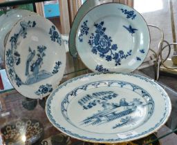 19th c. Dutch Delft plate in the Chinese style, 30cm diameter, restoration to rim, and two others