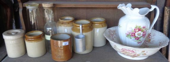 Assorted stoneware jars, inc. a Bourne & Son, Denby Potteries jar, glass chemists bottle and a jug