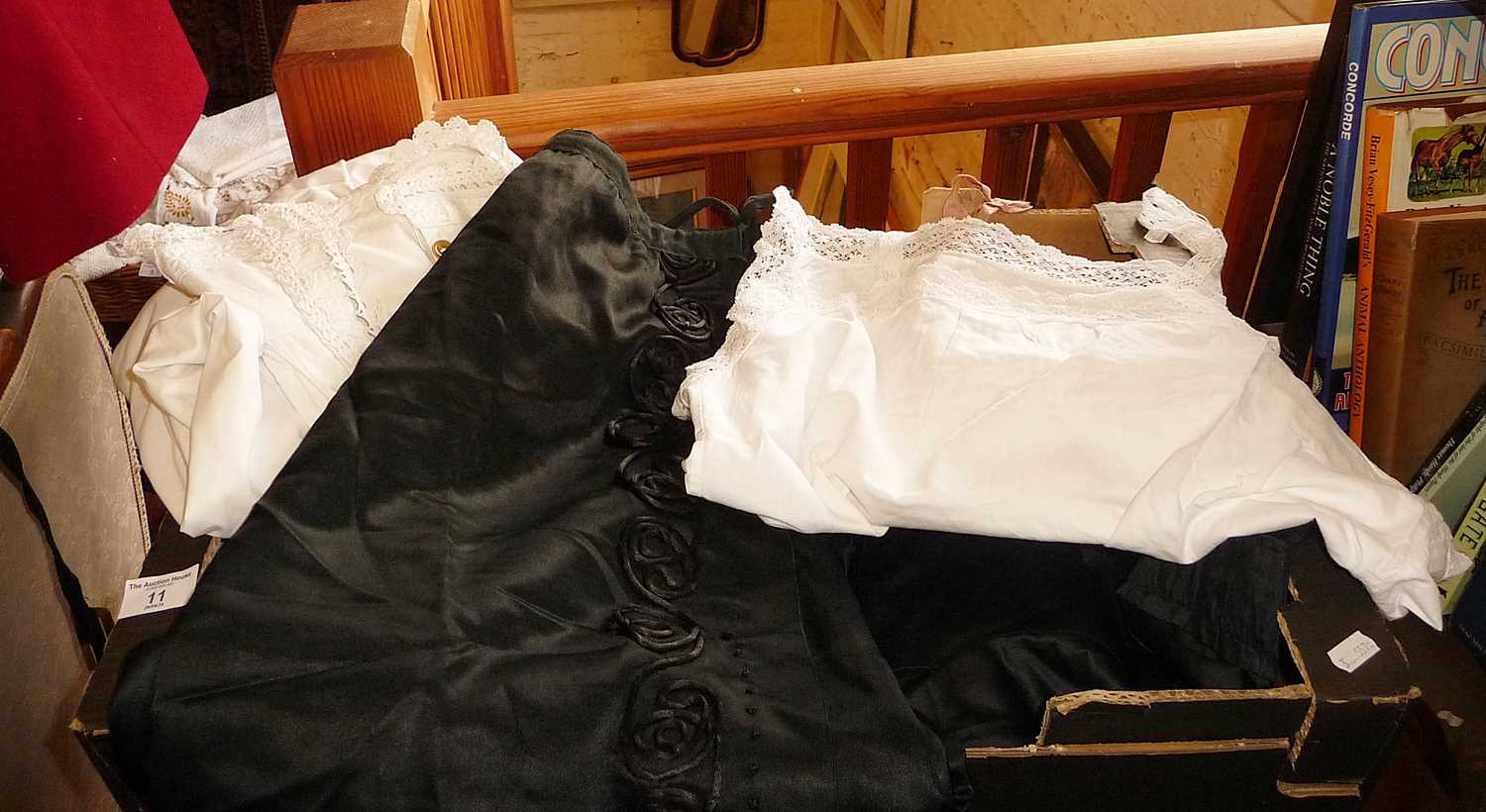 Vintage clothing - assorted Edwardian nightgowns with lacework trimming, long black silk skirts