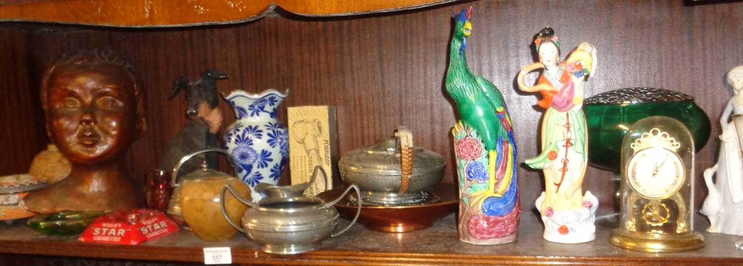 Chinese porcelain peacock, pewter tea set and glass ashtray, etc.