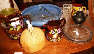 Large Devon Pottery bowl, two lustre jugs, pin cushion doll and other items