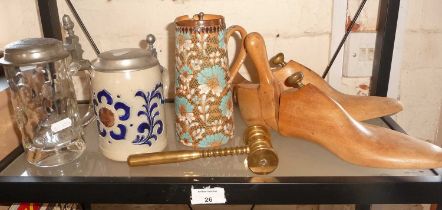 Two beer steins, a Doulton & Slaters water jug (A/F), a brass gavel and a pair of wooden shoe trees