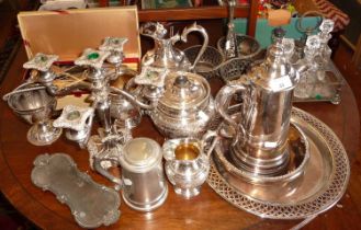 Assorted silver plated items, inc. tea set, coffee pot, candelabra, cutlery, etc.
