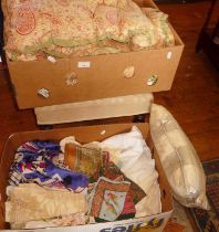 Assorted linen, silk scarves and hankies, and an eiderdown in a paisley-type cover (2 boxes)