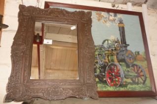 Embossed metal framed wall mirror, a tapestry of a steam engine and a print after A.A. Milne of