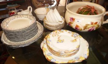 Grosvenor china teaware, Addersley china tea plates, a chamber pot and a green glass fishing float