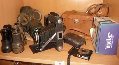 Ensign bellows camera, Volks Cine-8 camera, Vivitar Vivicam F340 camera (boxed), Jumelle Marine