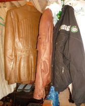 Vintage clothing: two gent's 1980's brown leather jackets and an Eisenegger ski suit