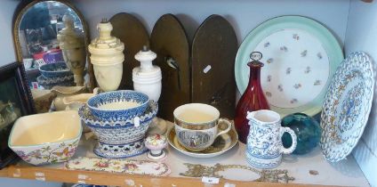 Various tin glazed pottery, painted three-fold table screen, two table lamps and glassware, etc.