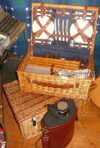 Fitted wicker picnic basket, another wickerwork basket and a family size 'Growler' flask in