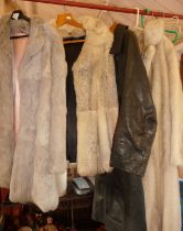 Vintage clothing: two ladies fur jackets, a black leather overcoat and a simulated fur coat by