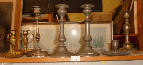 Pair of 19th c. pewter candlesticks and five others similar