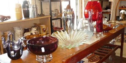 Collection of mid-century glass, inc. Swedish modernist dish, a cocktail shaker with lucite handle