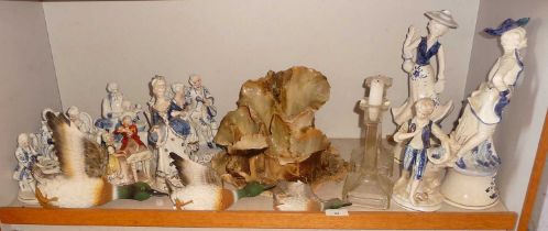 Assorted china figures etc., and three flying ducks (resin)