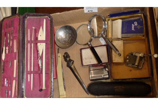 Antique sewing kit with bone and steel crochet hooks, various cutthroat razors in cases, Napoleon